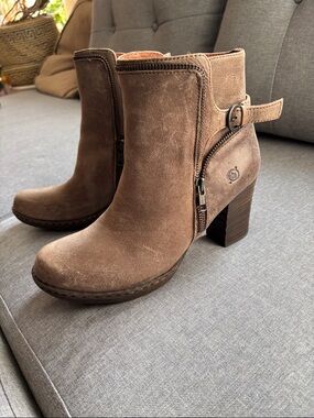 Born Taupe Suede Ankle Booties with Buckle & Side Zip
